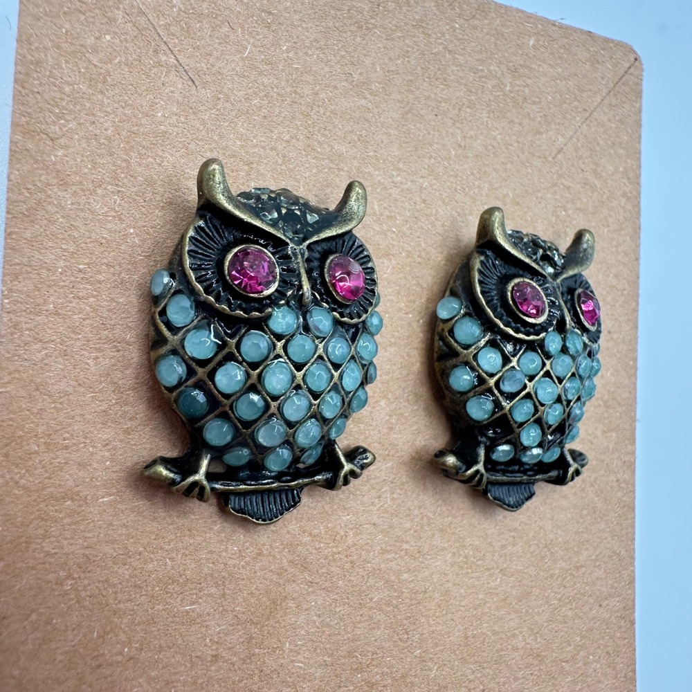 Vintage Style Owl Stud Earrings Pink Rhinestone Eyes Blue Beads Bronze Tone